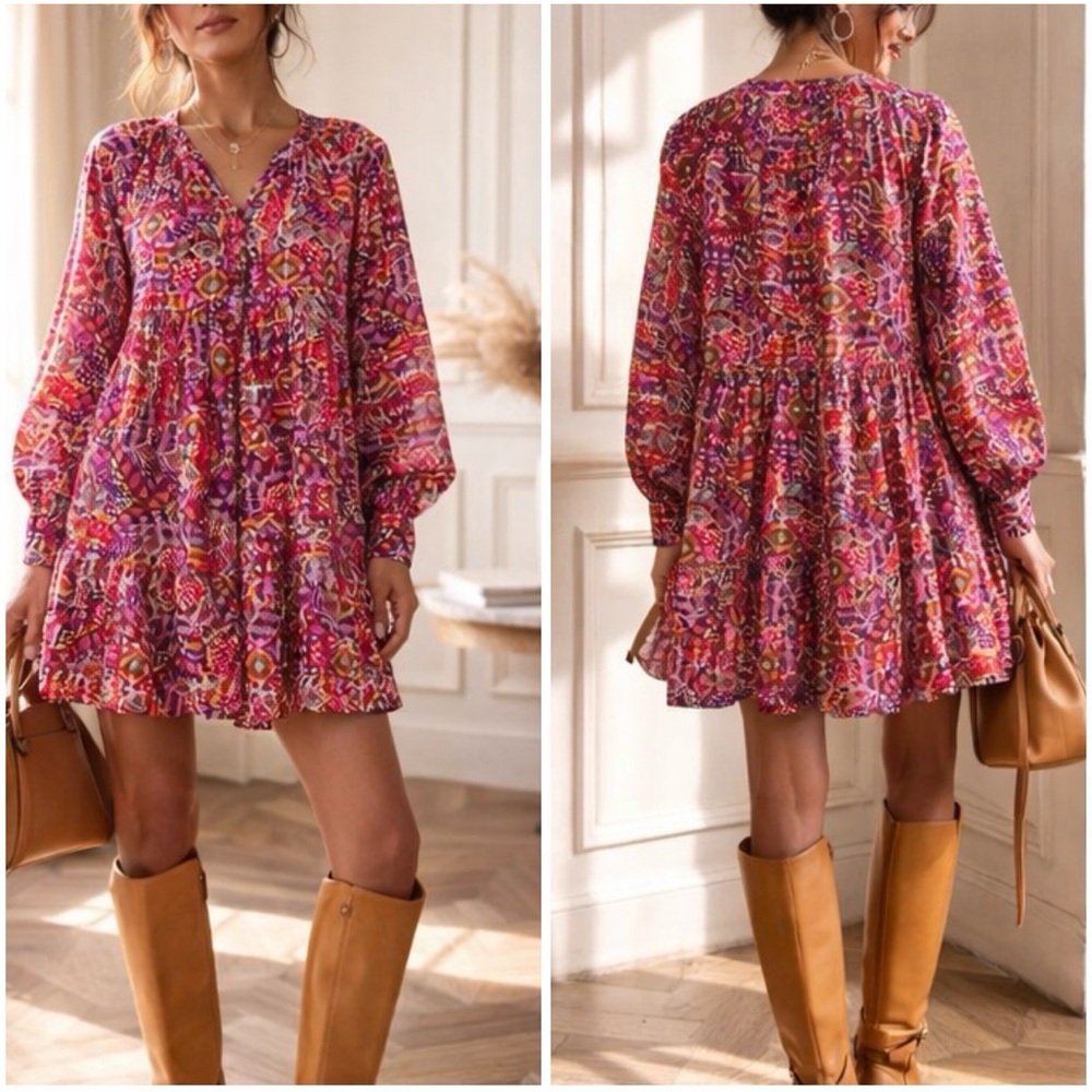 Xirena Lilith Pink Abstract Mini Dress Cotton V-Neck Button Front Boho